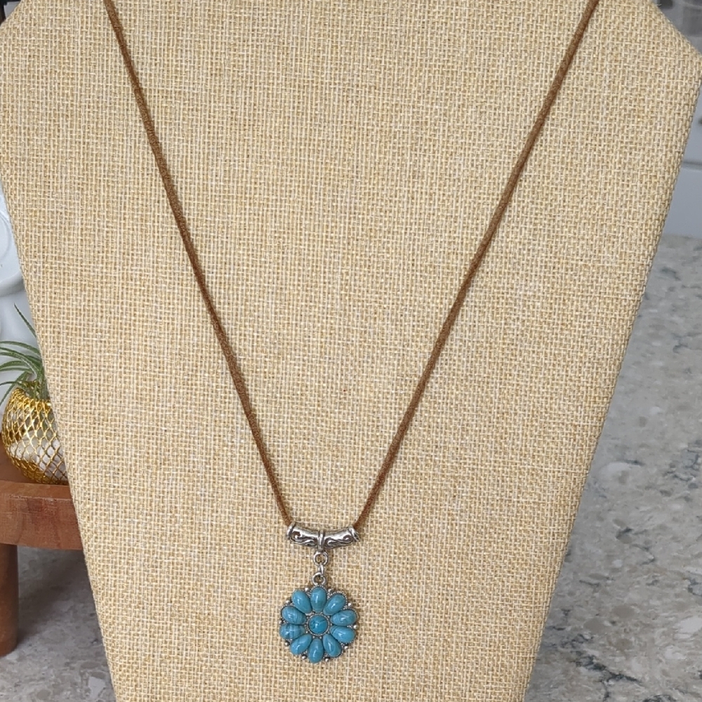Vintage Hand Crafted Turquoise Floral Pendant Necklace With Silver And Leather.